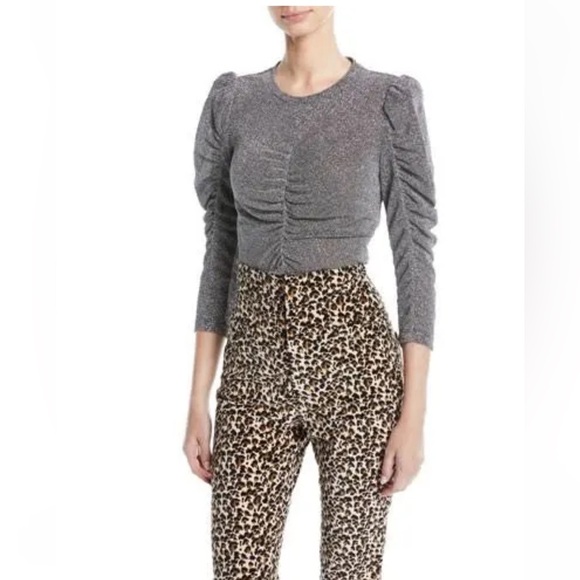 NWOT Rebecca Taylor Metallic Silver ruched 3/4 puff sleeves Blouse sz XS - Picture 6 of 13